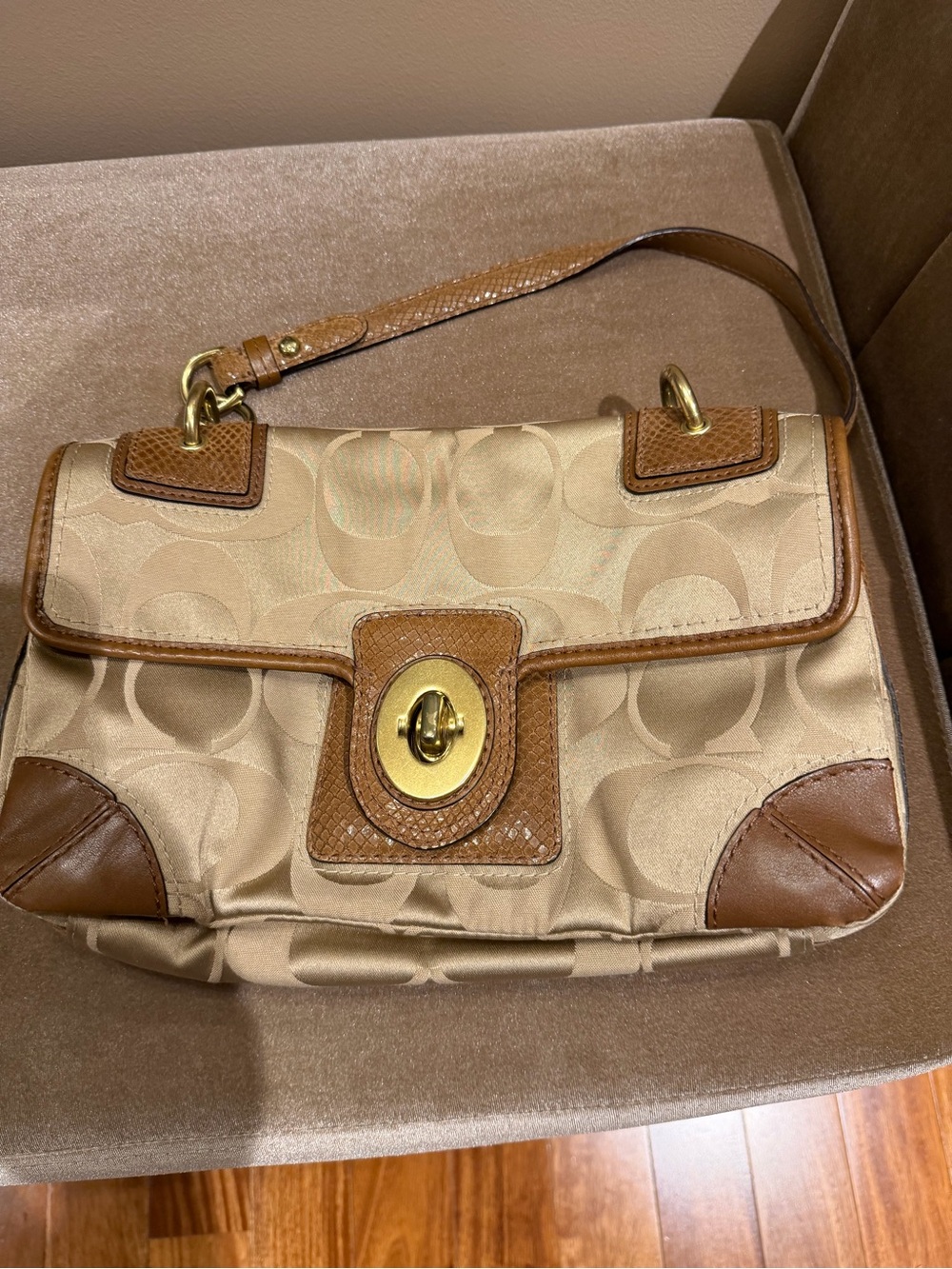 Coach Tan Signature Canvas Shoulder Bag with Brown Leather Trim
